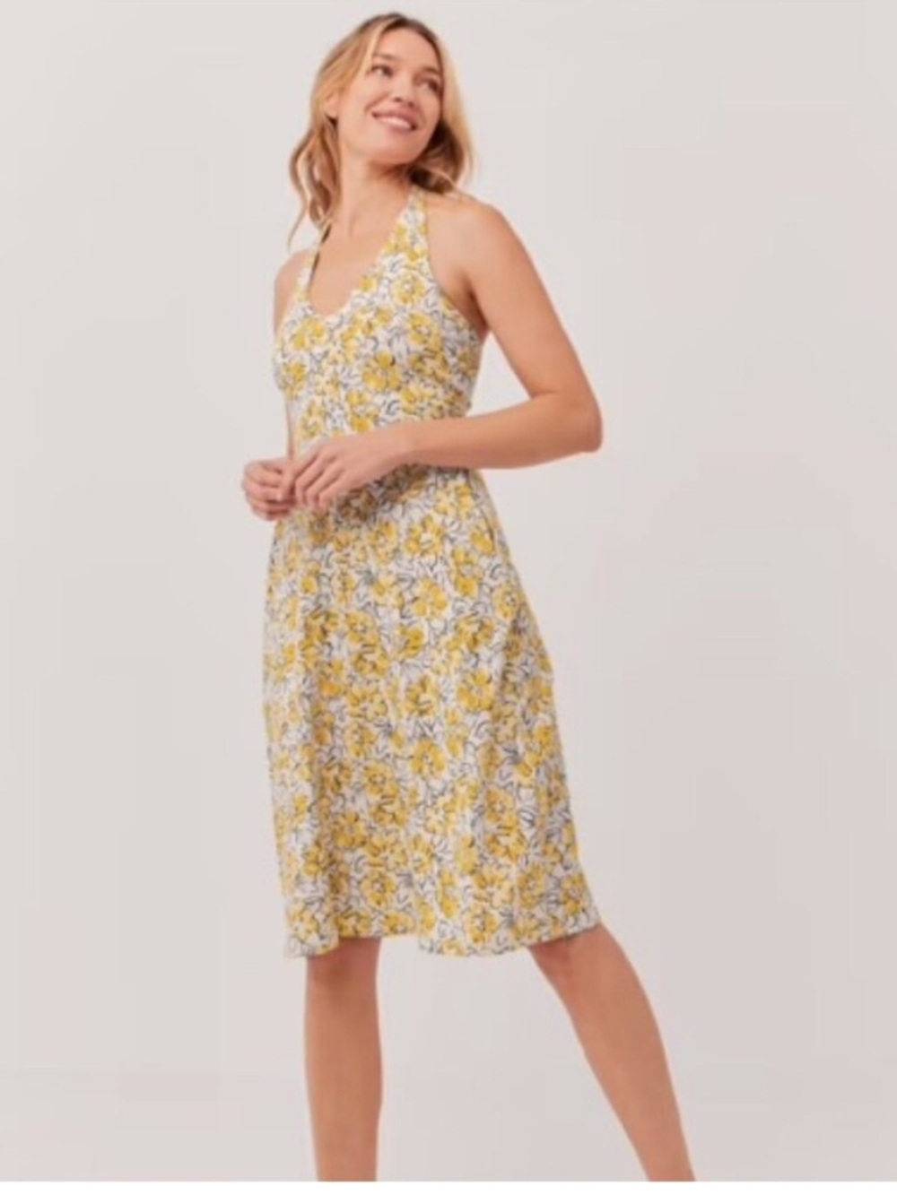 Pact Reverie Floral Yellow Fit and Flare Halter Dress M